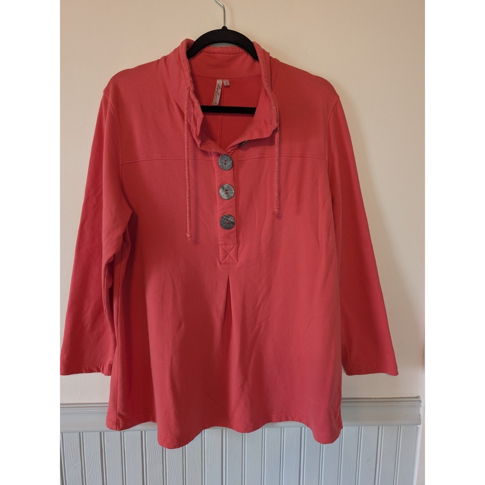 Lulu B Funnel Neck Sweatshirt Large Coral Red Button Grandmillennial Coastal